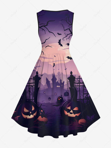 Gothic Plus Size Halloween Bat Pumpkin Tree Moon Print 1950s Vintage Dress