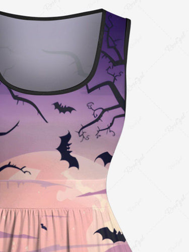 Gothic Plus Size Halloween Bat Pumpkin Tree Moon Print 1950s Vintage Dress