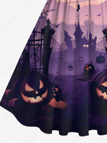 Gothic Plus Size Halloween Bat Pumpkin Tree Moon Print 1950s Vintage Dress