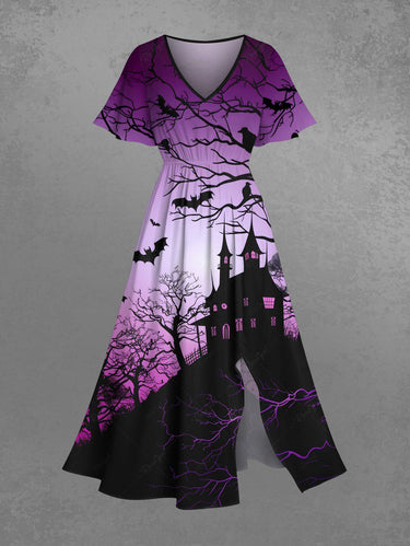 Gothic Plus Size Halloween Bat Tree Castle Print Split Midi Dress