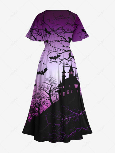 Gothic Plus Size Halloween Bat Tree Castle Print Split Midi Dress