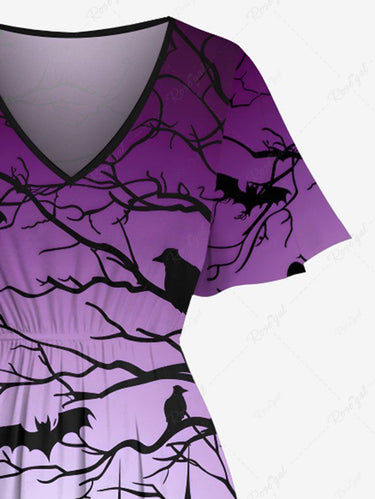 Gothic Plus Size Halloween Bat Tree Castle Print Split Midi Dress