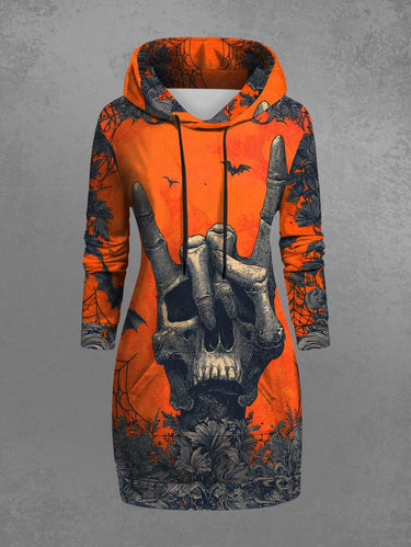 Gothic Plus Size Halloween Bat Gesture Skull Flowers Print Drawstring Pockets Hoodie