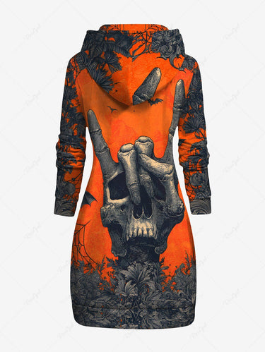 Gothic Plus Size Halloween Bat Gesture Skull Flowers Print Drawstring Pockets Hoodie