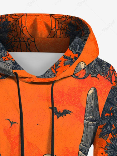 Gothic Plus Size Halloween Bat Gesture Skull Flowers Print Drawstring Pockets Hoodie