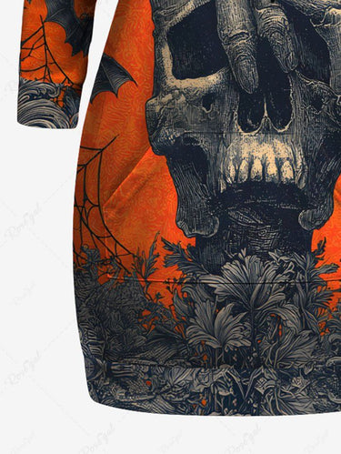 Gothic Plus Size Halloween Bat Gesture Skull Flowers Print Drawstring Pockets Hoodie