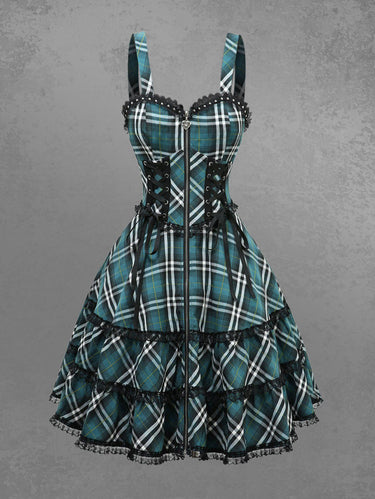 Gothic Plaid Print Lace Trim Lace-up Full Zipper A Line Tank Dress