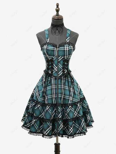 Gothic Plaid Print Lace Trim Lace-up Full Zipper A Line Tank Dress