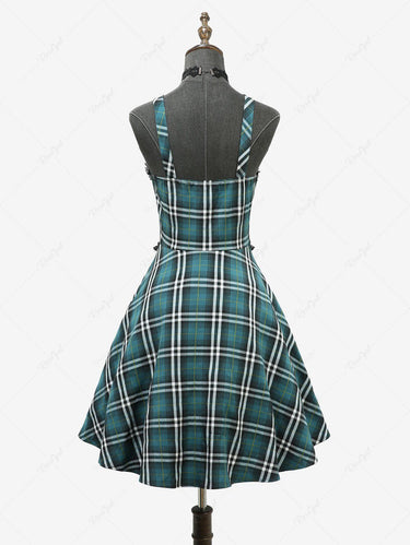 Gothic Plaid Print Lace Trim Lace-up Full Zipper A Line Tank Dress
