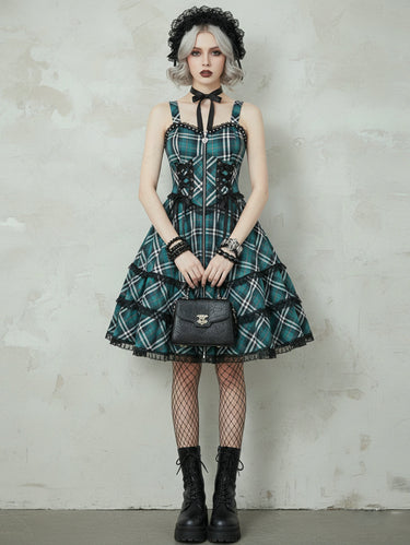 Gothic Plaid Print Lace Trim Lace-up Full Zipper A Line Tank Dress Green / S Gothic Plaid Print Lace Trim Lace-up Full Zipper A Line Tank Dress Green / S