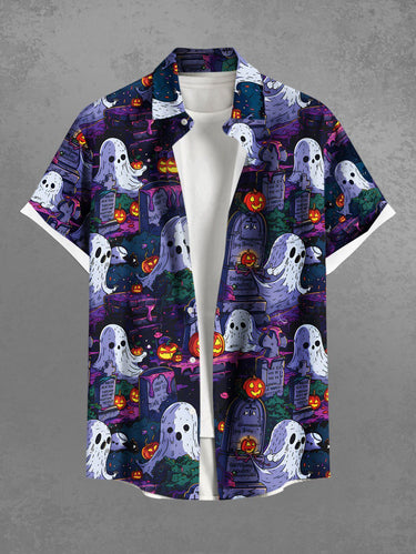 Gothic Plus Size Halloween Pumpkin Ghost Tombstone Print Buttons Pocket Shirt For Men