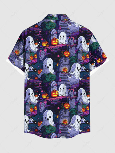 Gothic Plus Size Halloween Pumpkin Ghost Tombstone Print Buttons Pocket Shirt For Men