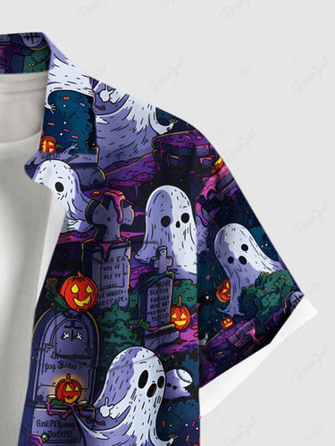 Gothic Plus Size Halloween Pumpkin Ghost Tombstone Print Buttons Pocket Shirt For Men