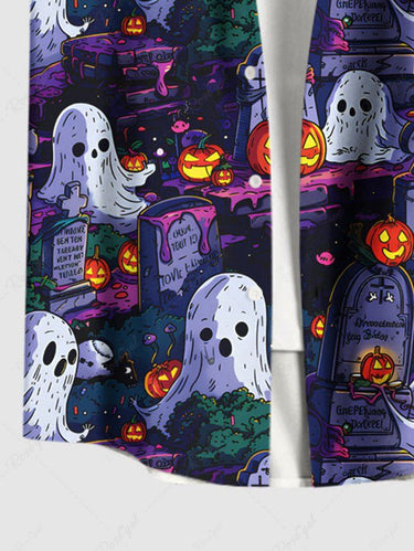 Gothic Plus Size Halloween Pumpkin Ghost Tombstone Print Buttons Pocket Shirt For Men
