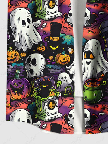 Gothic Plus Size Halloween Pumpkin Ghost Skulls Cat Print Buttons Pocket Shirt For Men