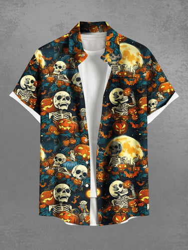 Gothic Plus Size Halloween Pumpkin Skulls Skeleton Moon Leaf Print Buttons Pocket Shirt For Men