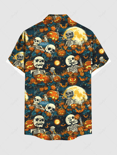 Gothic Plus Size Halloween Pumpkin Skulls Skeleton Moon Leaf Print Buttons Pocket Shirt For Men