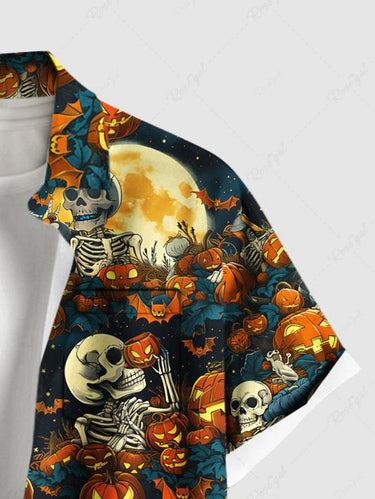 Gothic Plus Size Halloween Pumpkin Skulls Skeleton Moon Leaf Print Buttons Pocket Shirt For Men