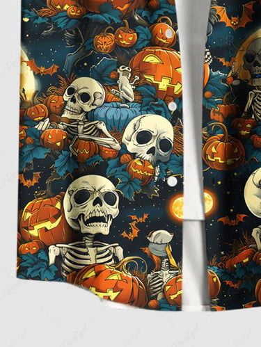 Gothic Plus Size Halloween Pumpkin Skulls Skeleton Moon Leaf Print Buttons Pocket Shirt For Men