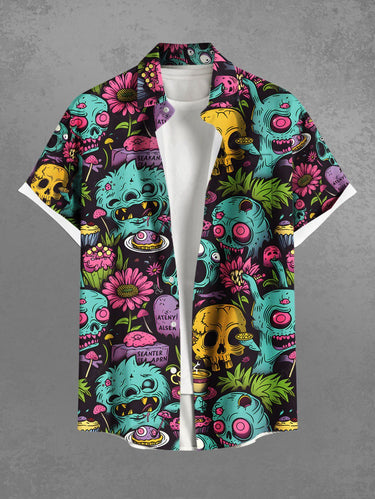 Gothic Plus Size Halloween Skulls Flowers Cake Cup Print Buttons Pocket Shirt For Men