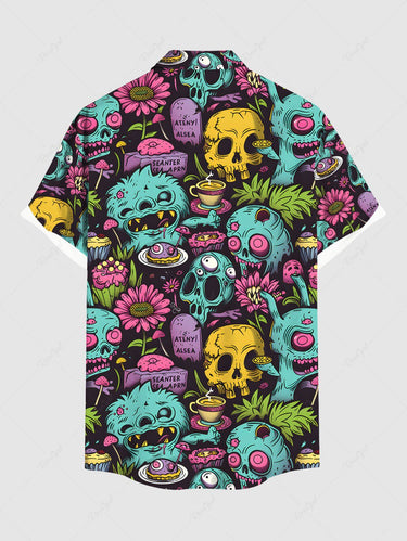 Gothic Plus Size Halloween Skulls Flowers Cake Cup Print Buttons Pocket Shirt For Men