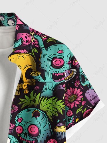 Gothic Plus Size Halloween Skulls Flowers Cake Cup Print Buttons Pocket Shirt For Men