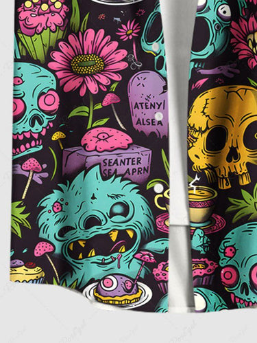 Gothic Plus Size Halloween Skulls Flowers Cake Cup Print Buttons Pocket Shirt For Men