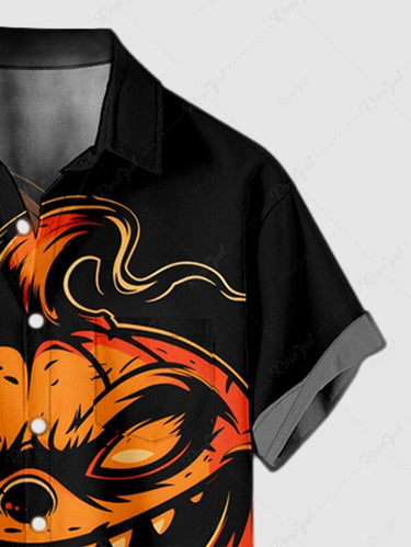 Gothic Plus Size Halloween Pumpkin Devil Print Buttons Pocket Shirt For Men