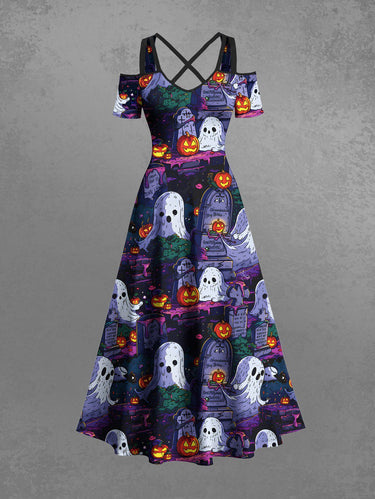 Gothic Plus Size Halloween Pumpkin Ghost Tombstone Print Shoulder Crisscross Maxi Dress