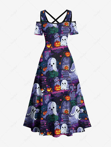 Gothic Plus Size Halloween Pumpkin Ghost Tombstone Print Shoulder Crisscross Maxi Dress