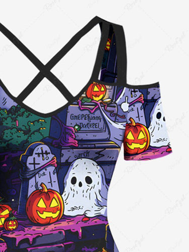 Gothic Plus Size Halloween Pumpkin Ghost Tombstone Print Shoulder Crisscross Maxi Dress