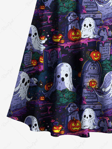 Gothic Plus Size Halloween Pumpkin Ghost Tombstone Print Shoulder Crisscross Maxi Dress