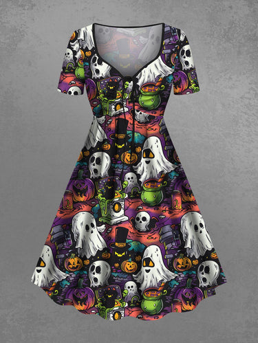 Gothic Plus Size Halloween Pumpkin Ghost Skulls Cat Print Cinched Dress