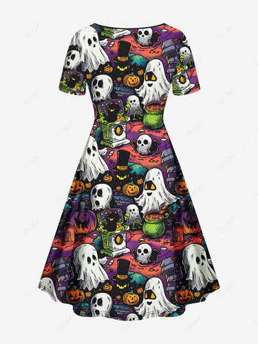 Gothic Plus Size Halloween Pumpkin Ghost Skulls Cat Print Cinched Dress