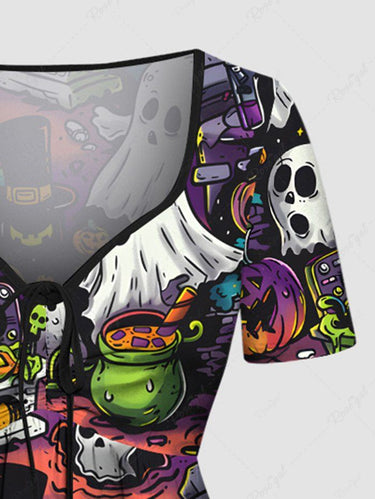 Gothic Plus Size Halloween Pumpkin Ghost Skulls Cat Print Cinched Dress