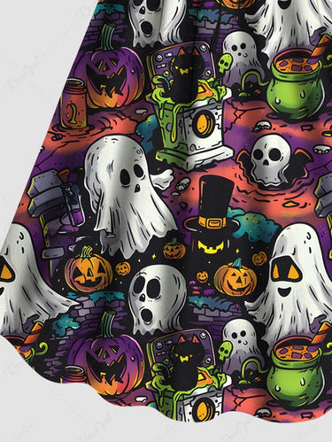 Gothic Plus Size Halloween Pumpkin Ghost Skulls Cat Print Cinched Dress