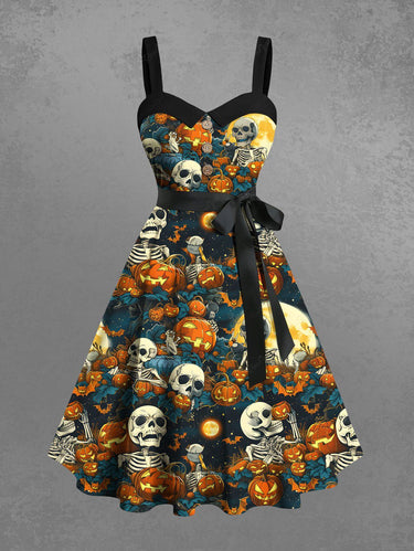 Gothic Plus Size Halloween Pumpkin Skulls Skeleton Moon Leaf Print Buttons Turn Down Collar Dress With Belt