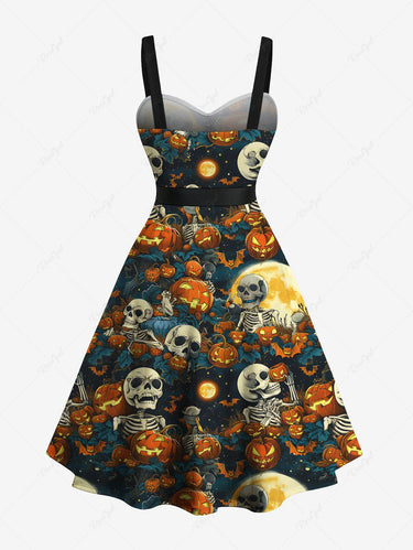 Gothic Plus Size Halloween Pumpkin Skulls Skeleton Moon Leaf Print Buttons Turn Down Collar Dress With Belt