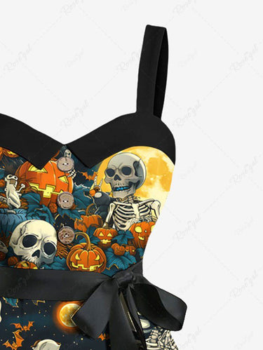 Gothic Plus Size Halloween Pumpkin Skulls Skeleton Moon Leaf Print Buttons Turn Down Collar Dress With Belt