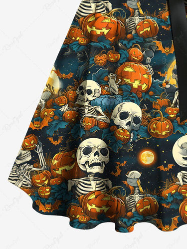 Gothic Plus Size Halloween Pumpkin Skulls Skeleton Moon Leaf Print Buttons Turn Down Collar Dress With Belt