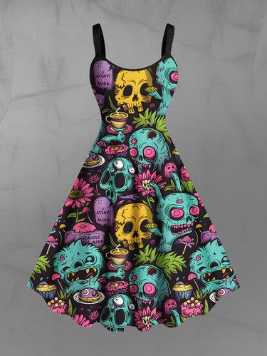 Gothic Plus Size Halloween Skulls Flowers Cake Cup Print Tank Dress