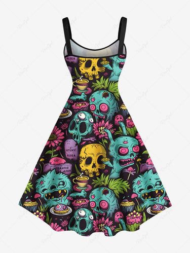 Gothic Plus Size Halloween Skulls Flowers Cake Cup Print Tank Dress