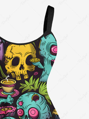 Gothic Plus Size Halloween Skulls Flowers Cake Cup Print Tank Dress