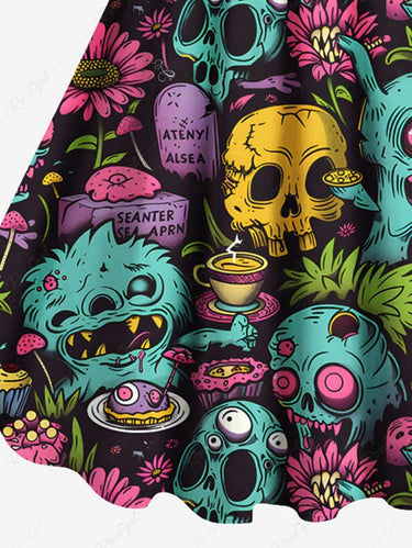 Gothic Plus Size Halloween Skulls Flowers Cake Cup Print Tank Dress