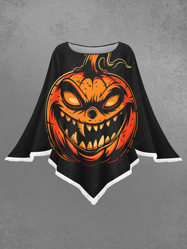 Gothic Plus Size Halloween Pumpkin Devil Print Asymmetric Pullover Cape Cloak