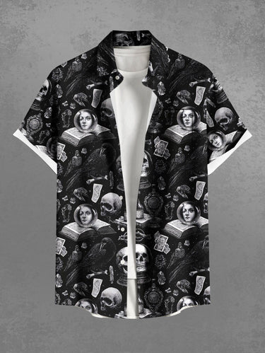 Gothic Plus Size Skulls Books Dollar Print Buttons Pocket Shirt For Men