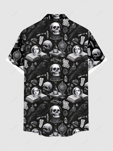 Gothic Plus Size Skulls Books Dollar Print Buttons Pocket Shirt For Men
