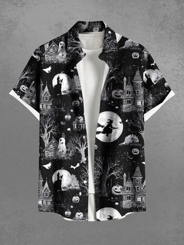 Gothic Plus Size Halloween Pumpkin Ghost Moon Tree Bat Print Buttons Pocket Shirt For Men
