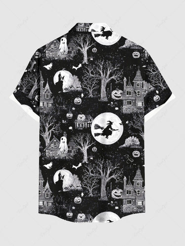 Gothic Plus Size Halloween Pumpkin Ghost Moon Tree Bat Print Buttons Pocket Shirt For Men