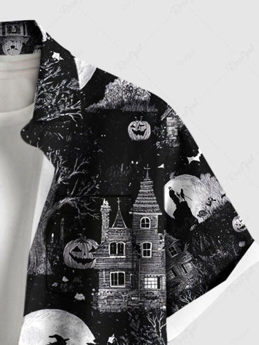 Gothic Plus Size Halloween Pumpkin Ghost Moon Tree Bat Print Buttons Pocket Shirt For Men